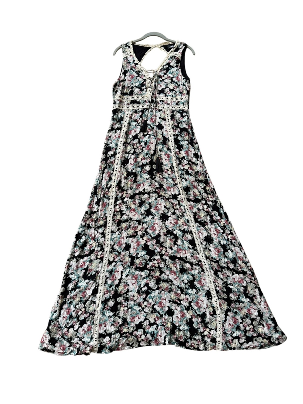 Lulu's Black Floral Print Maxi Dress Size XL Crochet Lace-Trim Boho Party Event - Picture 4 of 17